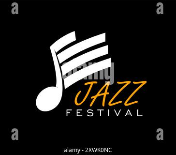 Jazz music icon, vector label for instrumental festival performance. Stylish emblem for the night jazz concert, featuring stylized musical note, orange and white typography on black background Stock Vector