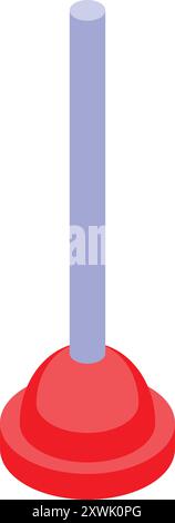 Red rubber plunger with a blue handle standing on a white background Stock Vector