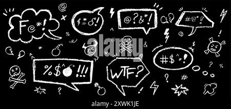 Set of speech bubbles drawn by crayon pencil and swear symbols. Collection of hand drawn chalk line elements. White color text box quote or dialog for Stock Vector