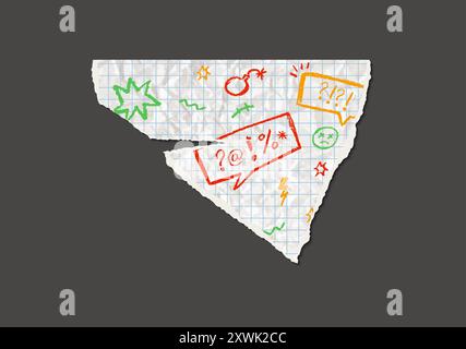 Piece of page with colorful swear symbols. Dialog text boxes written by wax crayon on jagged white paper with square grid. Part of torn notepad with Stock Vector