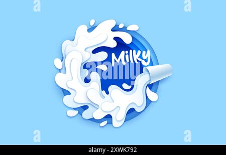 Paper cut milk glass with drink flow wave, splash and drops, vector dairy farm food and beverage. 3d origami art white circle swirl, paper cut milk pouring from glass cup in round layered frame Stock Vector