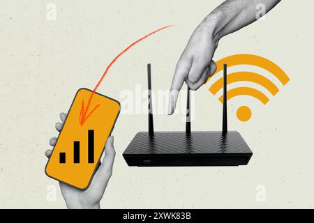Creative image collage wifi router broadcast signal hotspot smartphone screen device internet access wireless connection Stock Photo