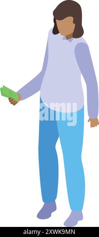 Young woman is holding cash, depicted in a modern isometric style Stock Vector