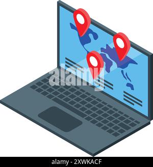 Laptop displaying a world map with location pins, representing travel planning and navigation Stock Vector