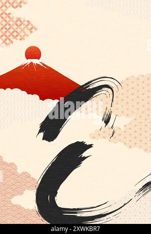 Japanese traditional New Year's greeting card for the year of the Snake 2025, Japanese pattern background of “ Snake ” in brush strokes and red Fuji a Stock Vector