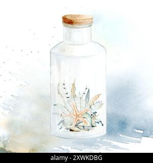 Beige sea shells, pebbles and seaweed in glass bottle watercolor illustration isolated on aqua background. Hand drawn ocean clams clipart for nautical Stock Photo