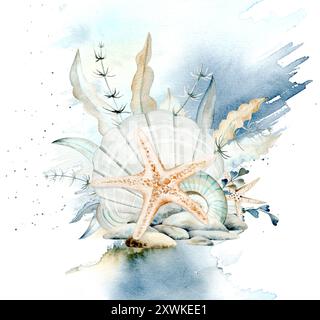 Composition of sea shells, pebbles and seaweed on watercolor background. Hand-painted ocean clams and pebbles for marine and seaside designs in monoch Stock Photo