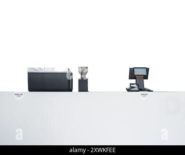 Minimalist white counter bar with coffee maker, Coffee grinder and cashier desk in coffee shop Stock Photo