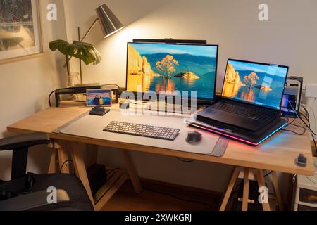 Interior workplace of photographer with laptop, monitor, computer device, lighting lamp, green leaf on wooden table and ergonomic chair in the house Stock Photo