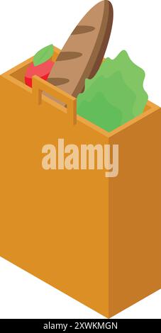 Isometric vector illustration of a brown paper bag containing a baguette, an apple, and a head of lettuce Stock Vector