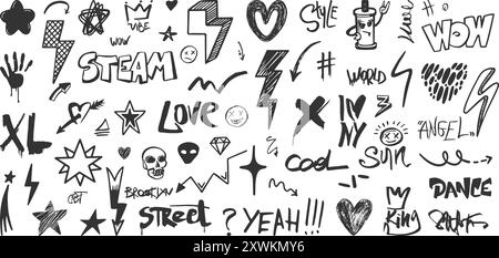 Hand drawn grunge elements. Black phrases words urban city symbols hearts and arrows. Lightning decorative design, skull crown and paint spray vector Stock Vector