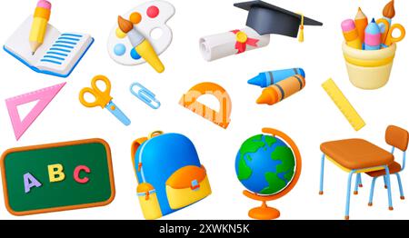 3d school supplies. Education lesson icons render style. Pencil globe school bag diploma scroll graduation hat. Pithy vector realistic collection Stock Vector