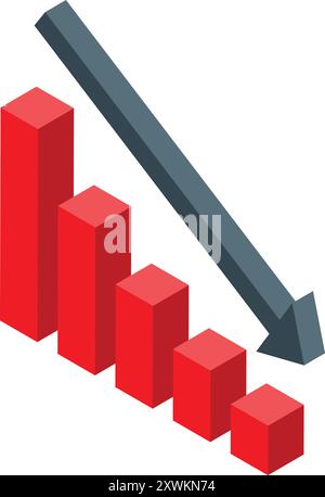 Red bar chart with a gray arrow pointing down representing financial loss Stock Vector