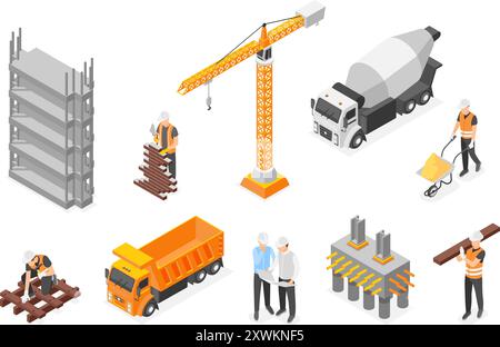 Isometric construction process. Building constructions, builders with equipment and tools. Workers in uniform and special transport, flawless vector Stock Vector