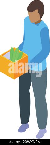 Office worker is leaving his previous job, holding a box with a plant Stock Vector