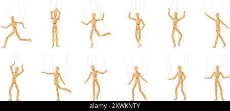 Wooden marionette. Wood puppets in different body poses, gestures and actions. Manikin for art lessons, dolls for artist training snugly vector set Stock Vector