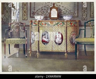 Möbel um die Jahrhundertwende 1900, Bemalte Kommode und Stühle (1910 - 1911), Painted commode and chairs (1910 - 1911).jpg Stock Photo