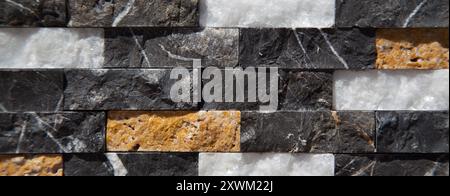 Rectangular cut out black white an beige organic marble wall texture background can be, tile seamless lined up Stock Photo