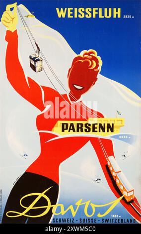 Swiss Vintage Travel Poster by Martin Peikert - Weissfluh - Ski Winter Sport, Davos Parsenn, 1957 - Schweiz, Suisse, Switzerland Stock Photo