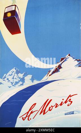 Ski lift, Aerial cableway - Swiss Vintage Travel Poster by Martin Peikert - St. Moritz, Corviglia Piz Nair, 1955 - Schweiz, Suisse, Switzerland Stock Photo