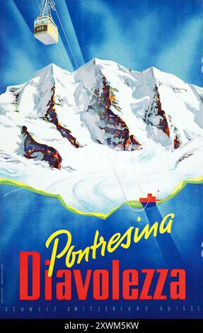 Pontresina Diavolezza, vintage travel poster by Martin Peikert feat alps and a ski lift -1960 - Winter Sport, Schweiz, Suisse, Switzerland Stock Photo