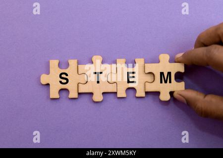 Wooden puzzle pieces with STEM acronym on a vibrant purple background.  Perfect for education or science-related themes. Stock Photo