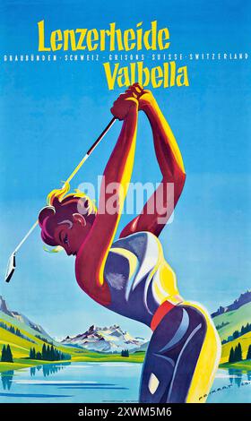 Vintage swiss travel poster by Martin Peikert feat a woman playing golf - Lenzerheide Valbella , ca. 1955 - Schweiz, Suisse, Switzerland Stock Photo