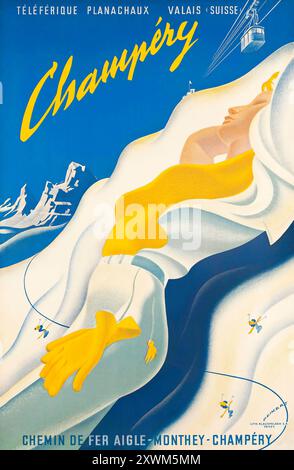 Martin Peikert travel poster Schweiz, Suisse, Switzerland -  CHAMPÉRY, Valais, 1955 Stock Photo