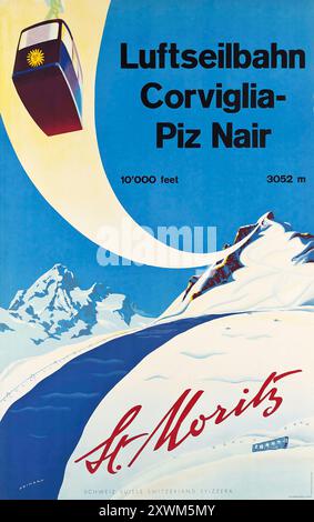 ---- Aerial cableway (luftseilbahn) Swiss Vintage Travel Poster by Martin Peikert - St. Moritz, Corviglia Piz Nair, 1955, ski lift - Schweiz, Suisse, Stock Photo