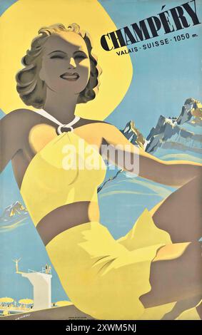 Martin Peikert travel poster Schweiz, Suisse, Switzerland -  CHAMPÉRY, Valais, 1938 Stock Photo