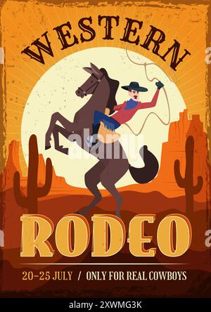 western placard. poster with cowboy with lasso riding on horse. Vector template with place for text rodeo party Stock Vector