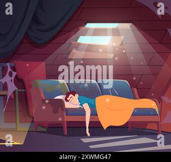 man sleeping. lazy male character on sofa in old damaged house messy interior Stock Vector