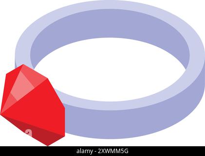 This isometric icon features a silver ring with a large red ruby Stock Vector