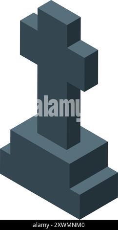 Simple gray tombstone standing on two steps, rendered in a minimalist isometric style Stock Vector