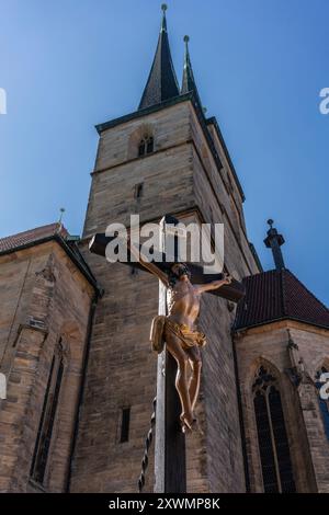 Jesus on the cross statue in front of Erfurt Cathedral (Erfurter Dom) Stock Photo