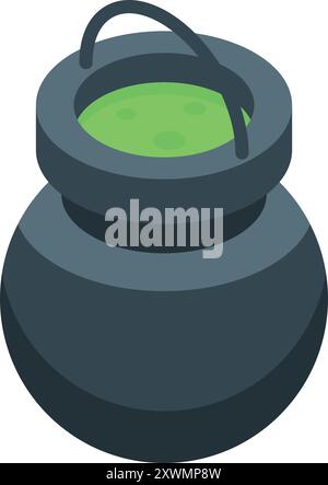 Black witch cauldron bubbling with green potion for halloween isometric icon Stock Vector