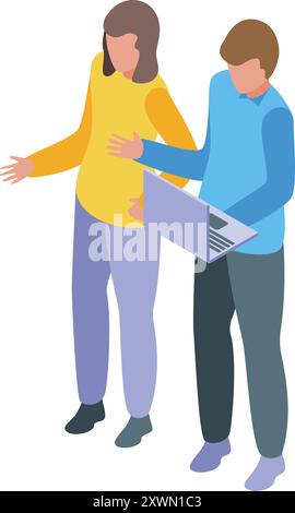 Two businesspeople working together, brainstorming and planning a new project on a laptop Stock Vector