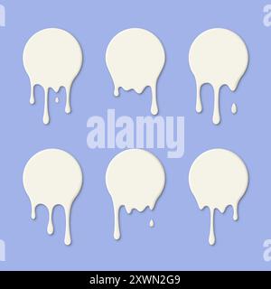 Dripping white viscous liquid around round icons, design element, milk or yogurt flowing down. Vector illustration. Stock Vector