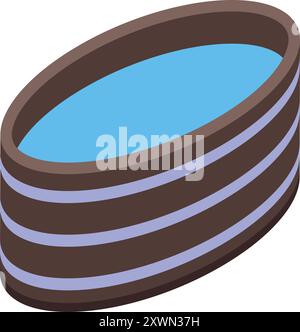 This isometric illustration features a wooden hot tub filled with water, ideal for depicting concepts of relaxation, wellness, or outdoor spa experiences Stock Vector