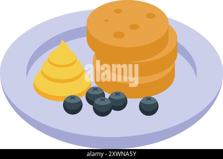 Isometric view of a plate with delicious pancakes, cream and blueberries Stock Vector