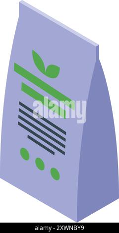 Isometric style icon of a purple paper pack with a green label for organic fertilizer Stock Vector