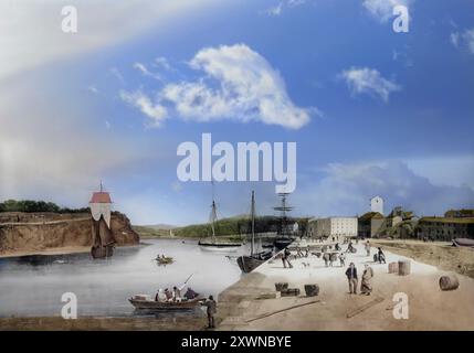 View of Westport Quay, a town on the south-east corner of Clew Bay in County Mayo, Ireland. Painting by the distinguished Irish landscape painter by James Arthur O’Connor (1792-1841). Stock Photo