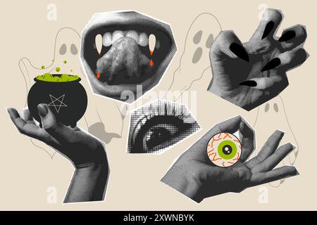 Retro collage halftone elements, mouth, teeth, eye hands Vector illustration Stock Vector
