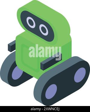 Green robot with caterpillar wheels is moving forward, isolated on white background Stock Vector