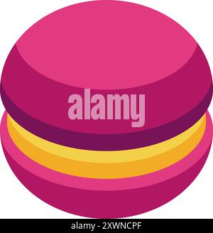Isometric illustration of a round purple macaron with yellow filling Stock Vector