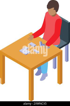 Young boy is developing his cognitive skills by playing with building blocks at a desk Stock Vector