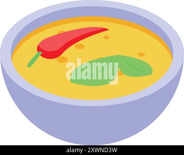 Aromatic and flavorful soup featuring a spicy chili pepper and fresh basil leaf Stock Vector