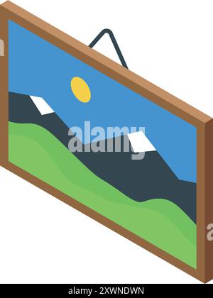 Isometric picture hanging on wall representing mountain landscape with green hills and snowy peaks Stock Vector