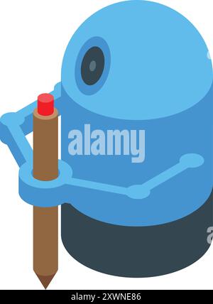 Blue robot is holding a pencil, symbolizing artificial intelligence in creative fields Stock Vector