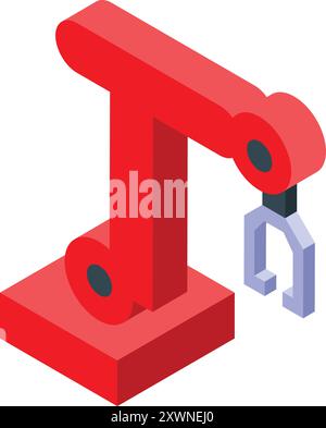 Red robotic arm holding something with metallic gripper in isometric view Stock Vector